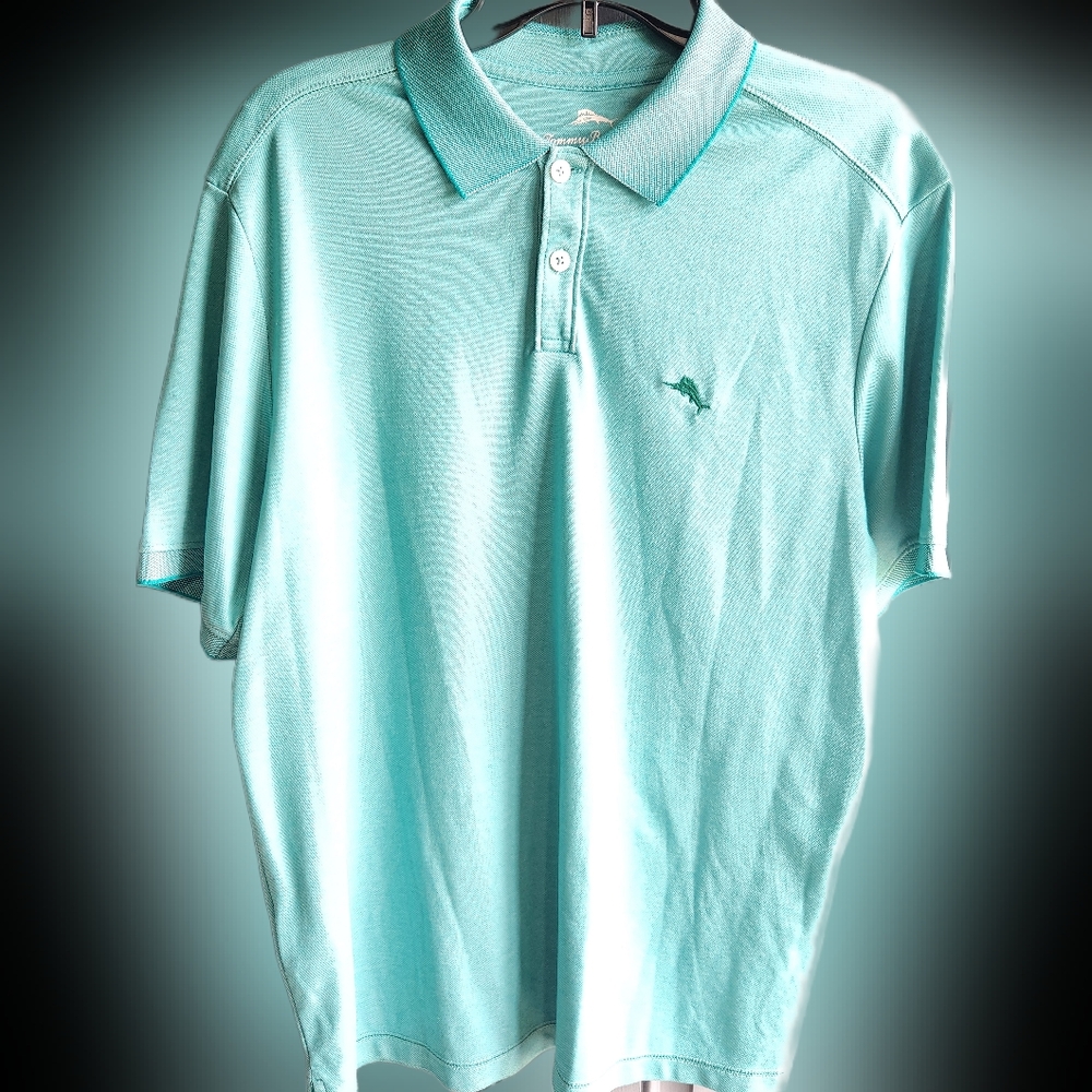 Tommy Bahama Golf Polo Shirt Mens Medium Aqua Stretch Texture Preppy Business